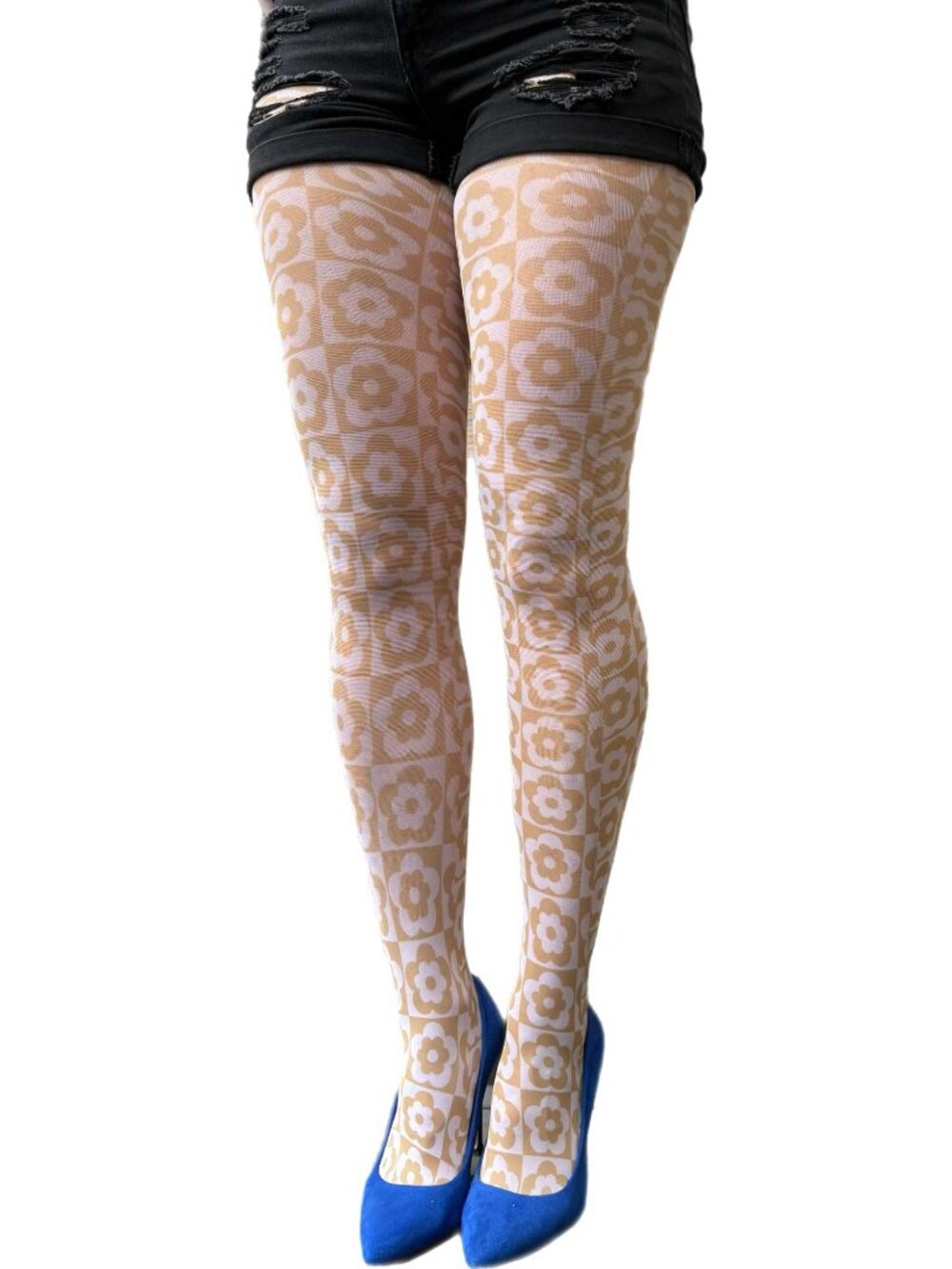 Beige Floral Check Patterned Tights